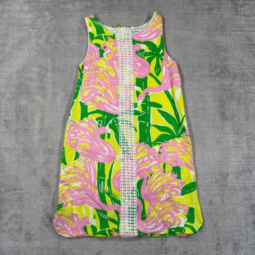 Lilly Pulitzer for Target Dress Kids Medium Yellow Tropical Flamingo Lace Trim